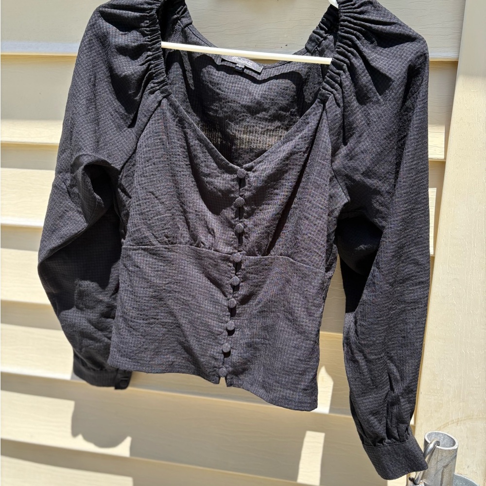 Madewell Black Ruched Puff Sleeve Blouse Sweetheart Neckline